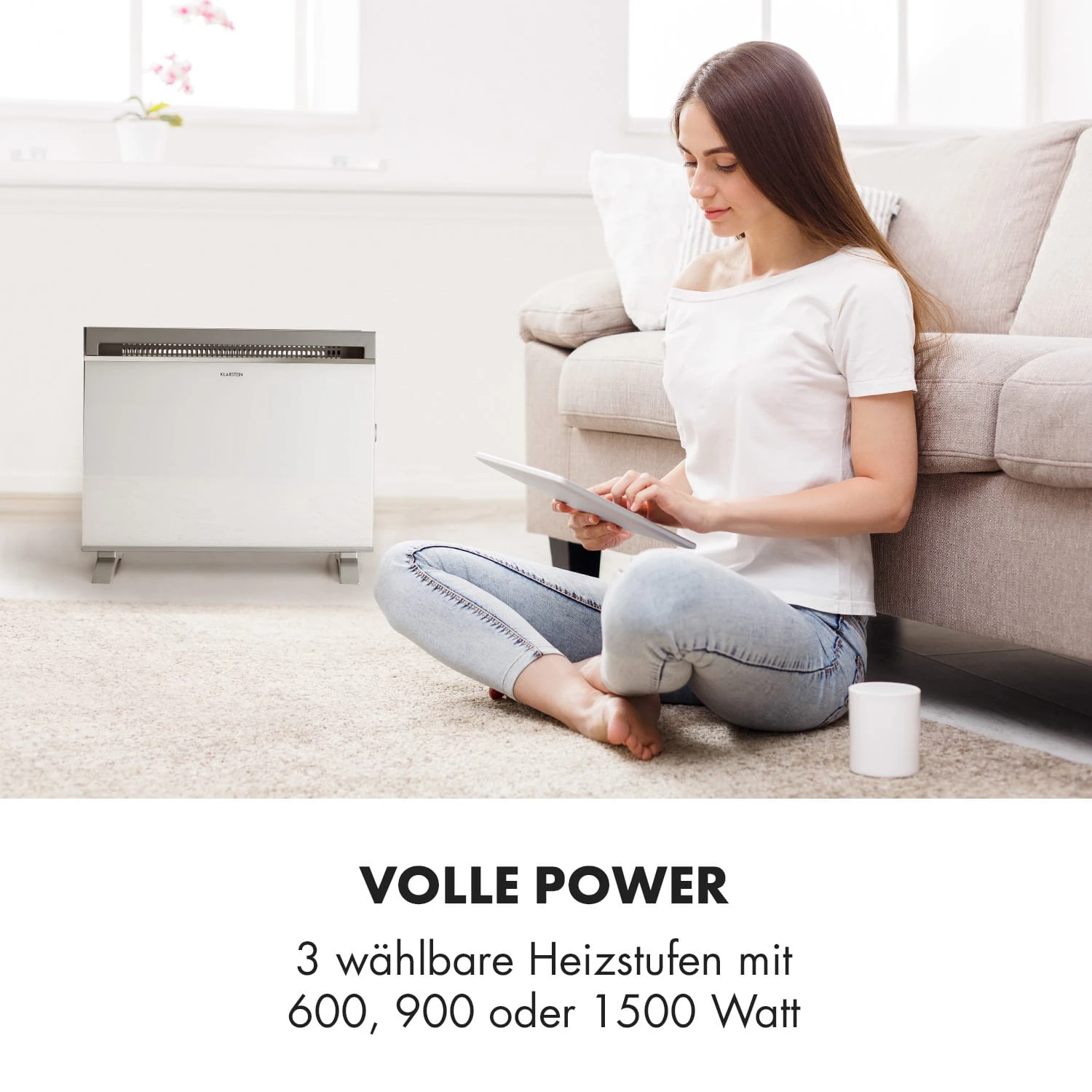 Gotland Konvektorheizung 600/900/1500W Glasfront Standgerät Weiß – Bild 2