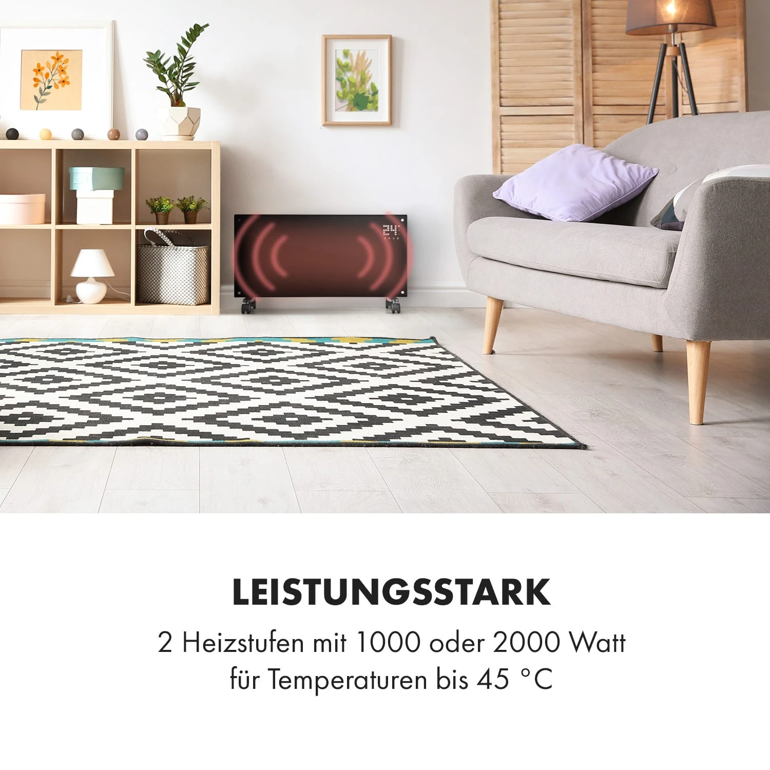 Bornholm Smart Konvektions-Heizgerät | 2000 W | SmartHeat Design: WiFi-Verbindung | LED-Display | 24-h-Timer | 2 Heizstufen: 1000 / 2000 W | IP24: Spritzwassergeschützt | Fernbedienung | Standgerät – Bild 2