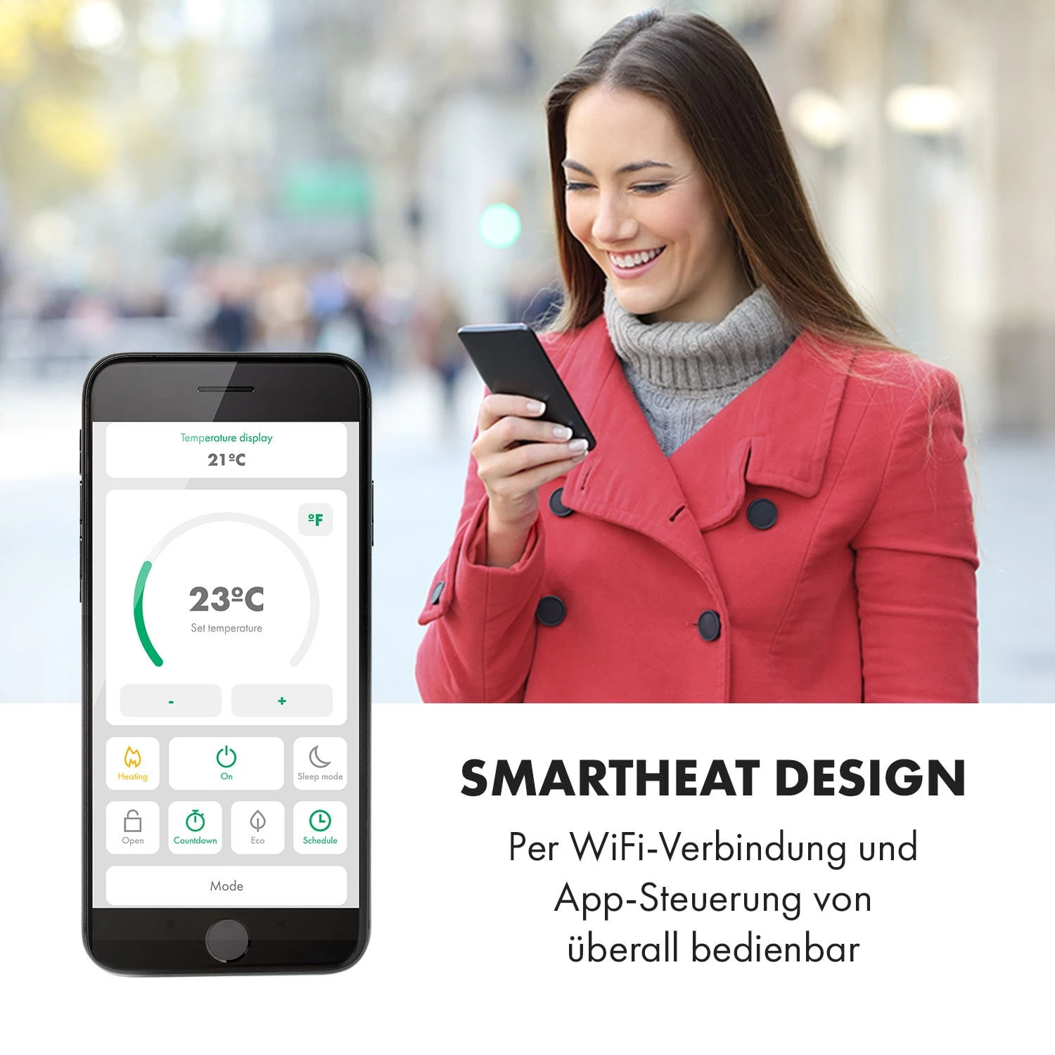 Bornholm Smart Konvektions-Heizgerät | 2000 W | SmartHeat Design: WiFi-Verbindung | LED-Display | 24-h-Timer | 2 Heizstufen: 1000 / 2000 W | IP24: Spritzwassergeschützt | Fernbedienung | Standgerät – Bild 8