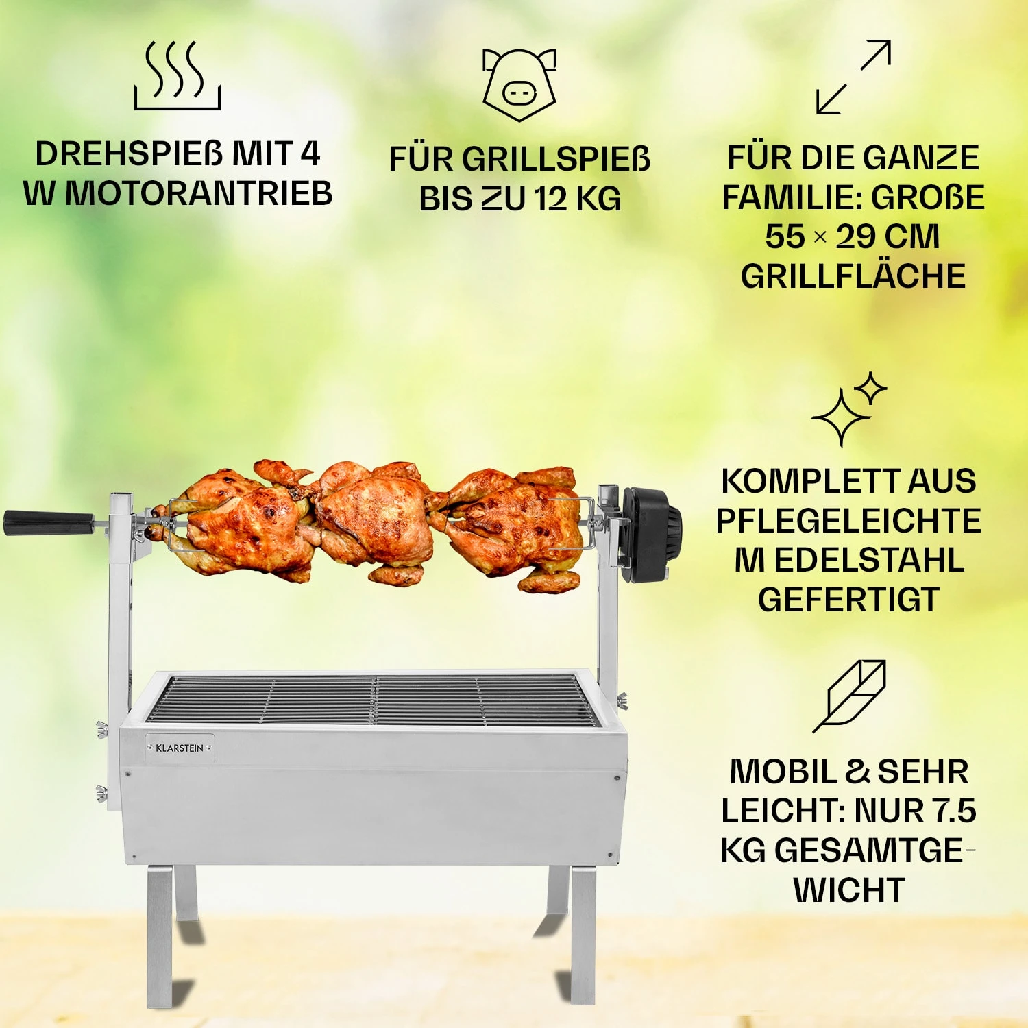 Sauenland Mini Rotisserie-Grill Drehspieß 4W 12kg Max. Edelstahl – Bild 2