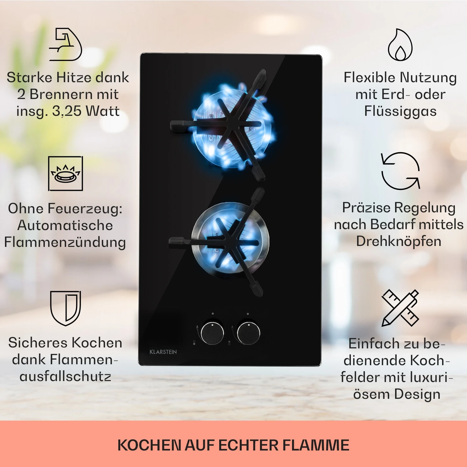 Trifecta Domino Gaskochfeld 2-flammig Triangle-Brenner Glaskeramik – Bild 2