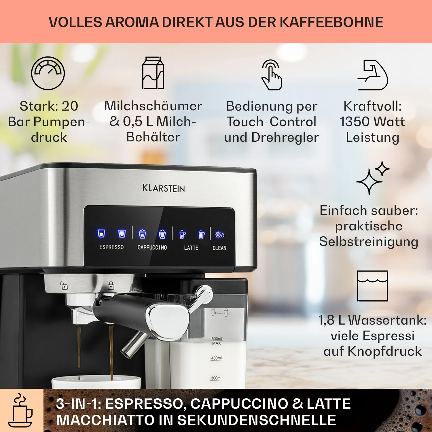 Arabica Comfort Espressomaschine 1350W 20 Bar 1,8l Touch-Bedienfeld – Bild 2
