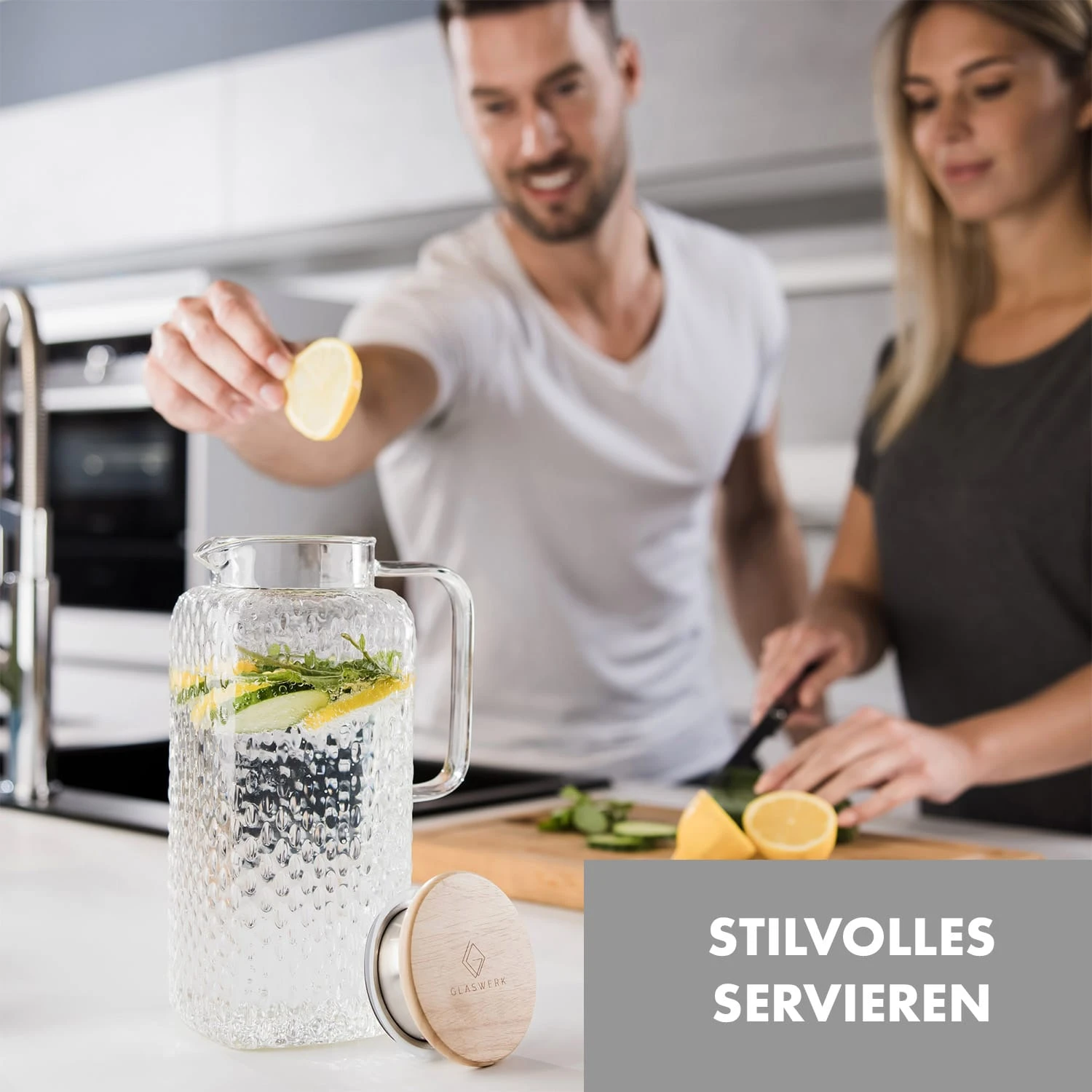 Glaswerk Livenza Wasserkrug 1,9 Liter Borosilikatglas Edelstahlsieb Deckel – Bild 2