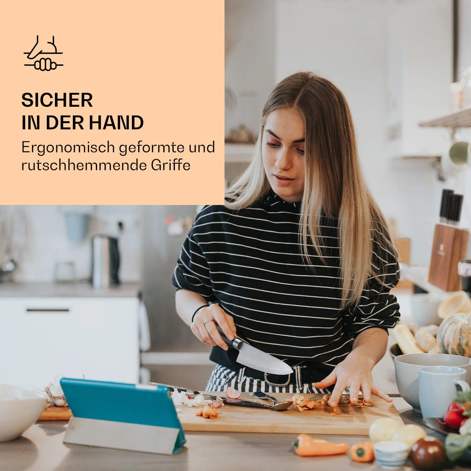 Kitano 8tlg. Messer-Set Mit Block 7 Messer Stahl Edler Holzblock – Bild 2