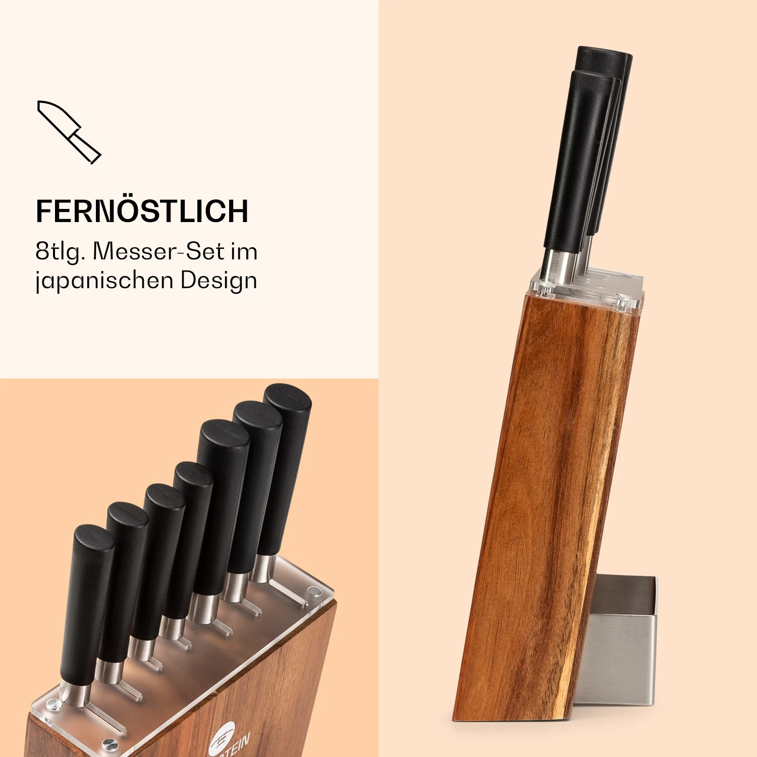 Kitano 8tlg. Messer-Set Mit Block 7 Messer Stahl Edler Holzblock – Bild 3