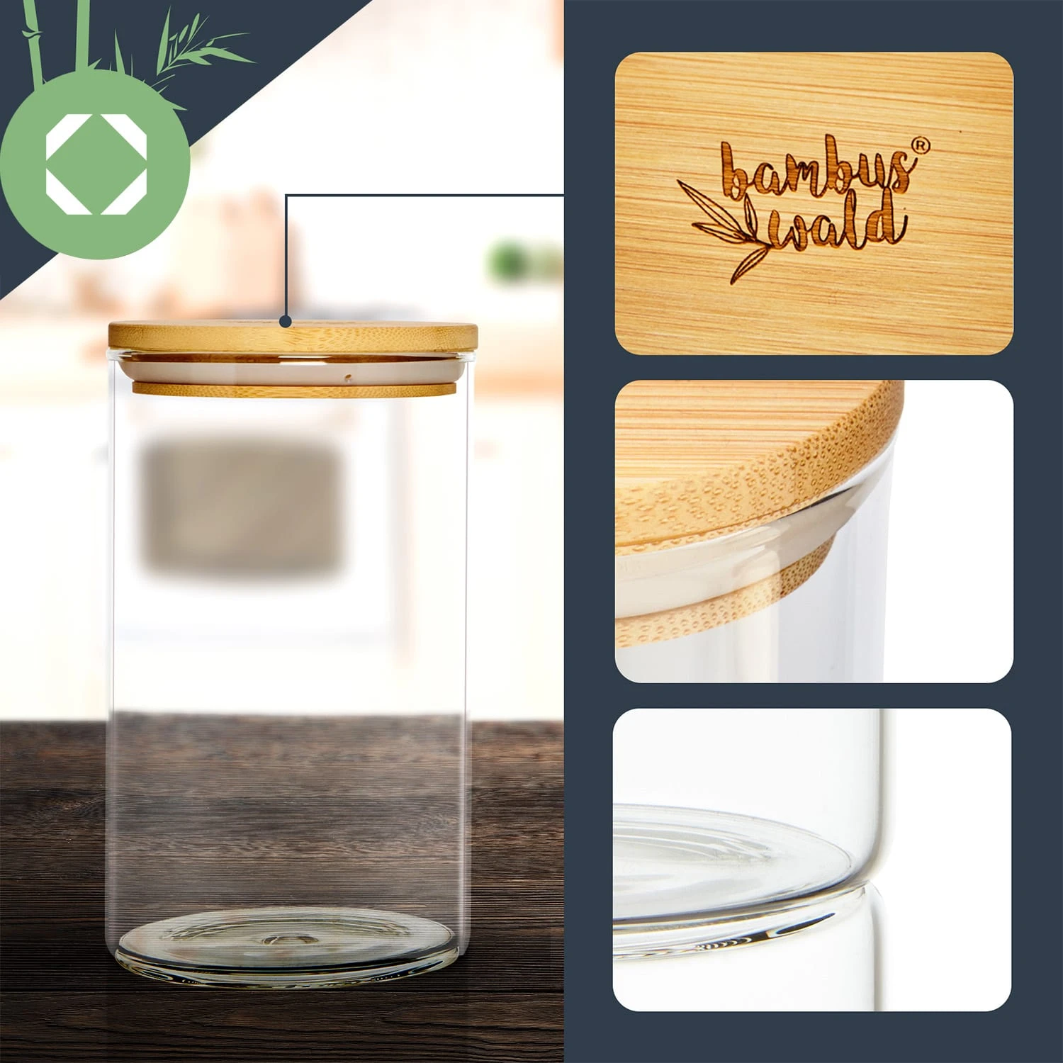 Rundes Glas Mit Bambusdeckel 4er-Set Inhalt: 600 Ml, 1000 Ml, 1500 Ml, 1800 Ml – Bild 2