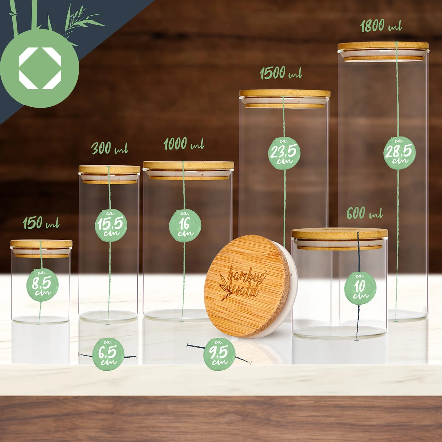 Rundes Glas Mit Bambusdeckel 4er-Set Inhalt: 600 Ml, 1000 Ml, 1500 Ml, 1800 Ml – Bild 8