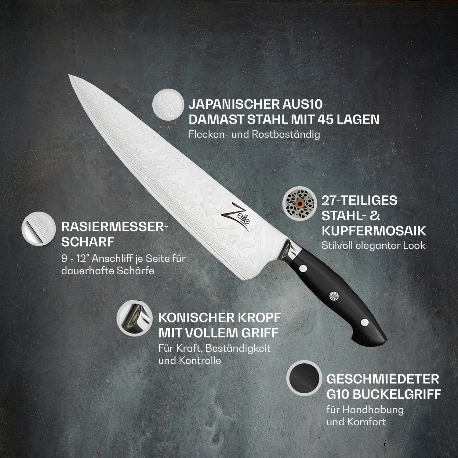 Executive-Plus Serie 10" Kochmesser 61 HRC Damaszenerstahl – Bild 2