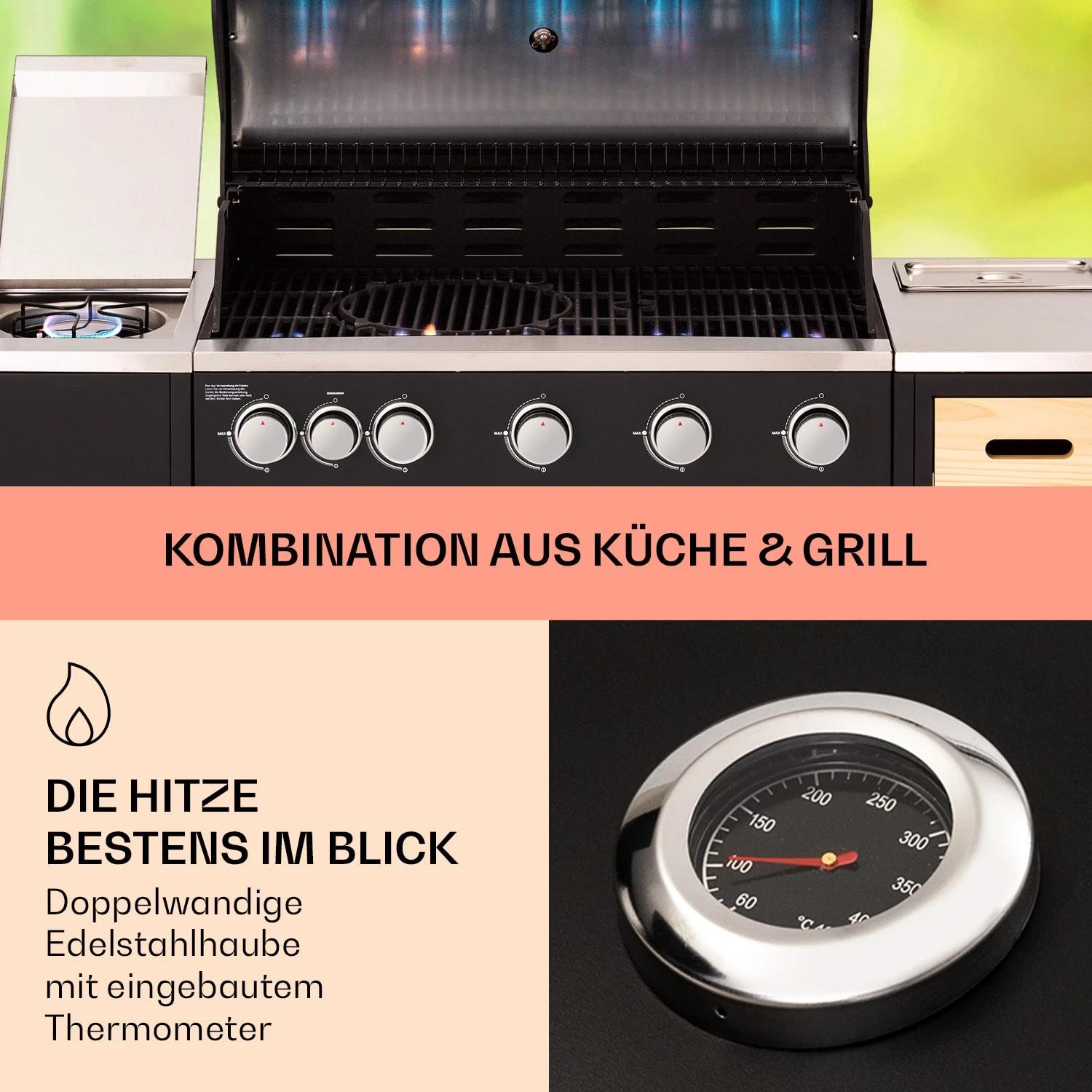 Jersey Outdoor Kitchen Gasgrill 20,7 KW 5+1 Brenner Mobil Regenschutz – Bild 3