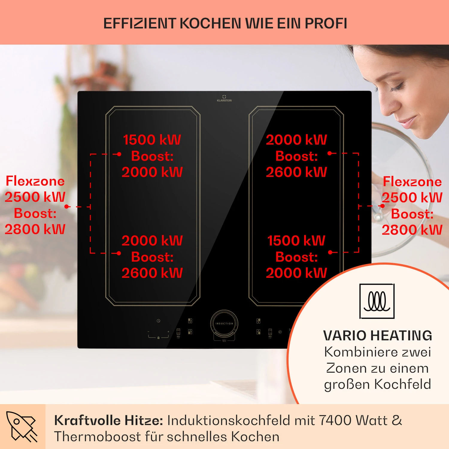 Victoria 4 Flex Induktionskochfeld Einbau 7000W 2 Flexzonen Timer – Bild 3