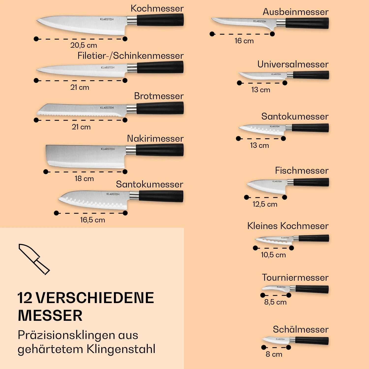 Kitano XL 13tlg. Messer-Set Mit Block 12 Messer Stahl Edler Holzblock – Bild 3
