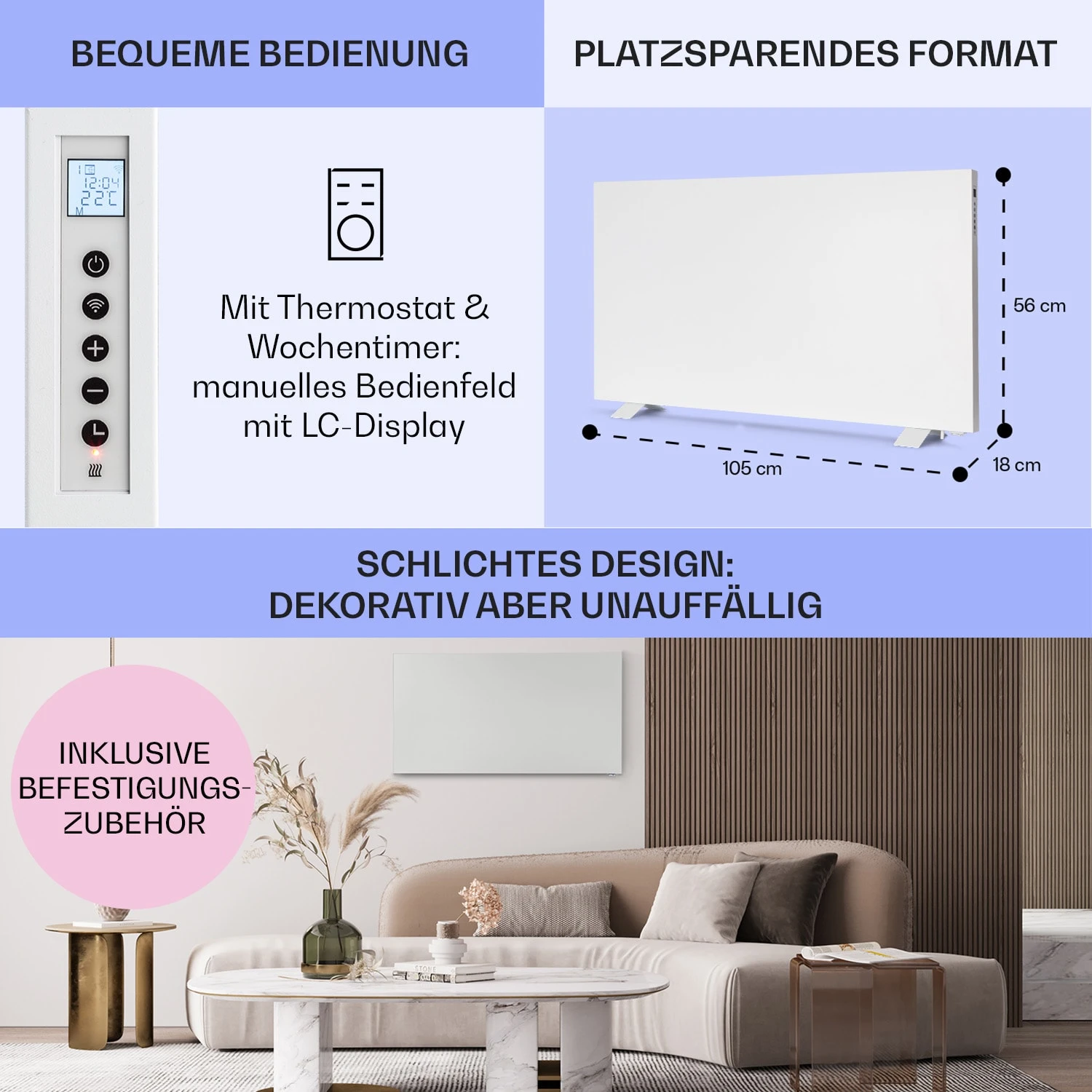 Taal Smart Hybrid-Infrarot-Heizung 105x56cm 750W Wochentimer IP24 – Bild 6