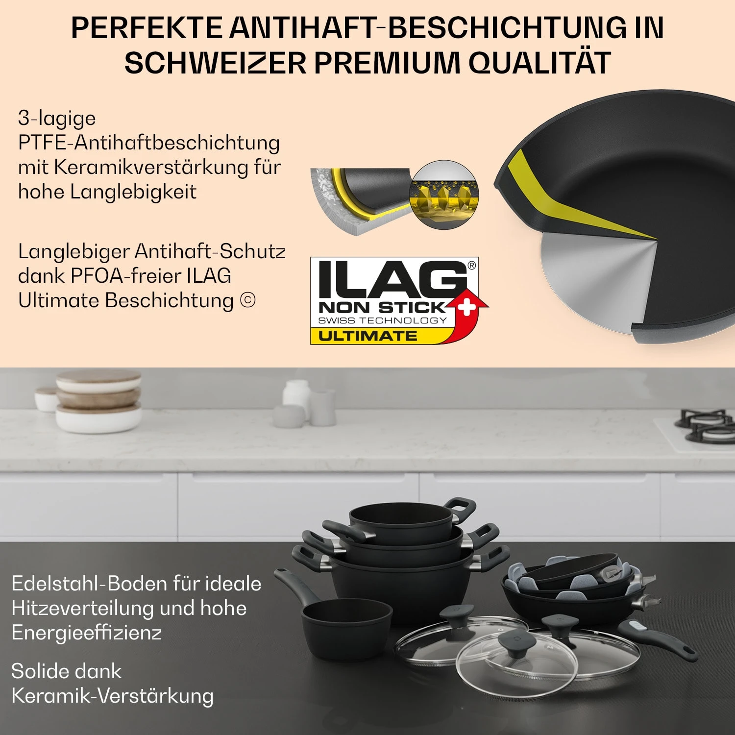 Noto Endurance Topf- Und Pfannenset Geschmiedetes Aluminium Ergonomische Griffe Glasdeckel Filz – Bild 5